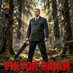 soviet propaganda poster of viktor orban with a saw, forest in background