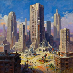 dystopian american city, oil painting, wide angle, totalitarian, brutalist architecture, sharp focus, vibrant colors, detailed, volumetric lighting, impactful masterpiece, by wayne barlowe, by kunkle brad