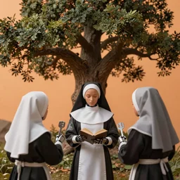 hyperrealistic hyper detailed 35mm close-up of robot nuns protecting a giant oak tree matte painting concept art key sage jeff koons very soft orange lighting low angle hd 8k sharp shallow depth of field