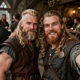 Two viking brothers taking a selfie in a crowded tavern, anatomically correct, dof, Arnold Render, intricately detailed, 8k