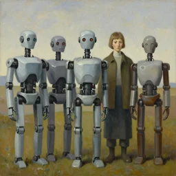 queue of robot druids portrait, grant wood, pj crook, edward hopper, oil on canvas