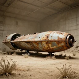 film still of a rusty space freighter in a hangar, desolate mining planet, aerodynamic parked space ship, ridley scott, overgrown with dusty plants, beige light, screenshot from a 1 9 8 0 s sci - fi film,