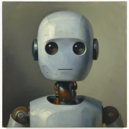 super - intelligent robot with kind eyes portrait, pj crook, ( ( ( grant wood ) ) ), pj crook, ( ( ( edward hopper ) ) ), oil on canvas