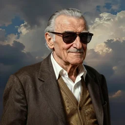 Stan Lee on a caravaggio cloudy background, intricate, elegant, highly detailed, artstation, concept art, smooth, sharp focus, illustration, , digital art from artstation, digital art from deviantart, by Stjepan Sejic, Ruan Jia, and Mandy Jurgens, and Artgerm, and william adolphe bouguereau