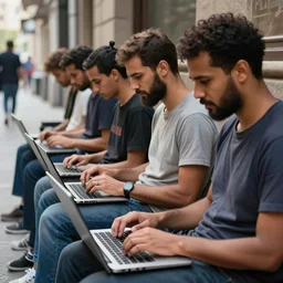 a group of realistic bums using laptops near on street, highly detailed, intricate, sharp focus, digital art, 8 k