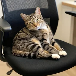 cute tabby cat laying on a computer chair with paws curled in