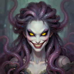 medusa portrait painting, wicked grin, yellow cat eyes, artstation, detailed, blurred background