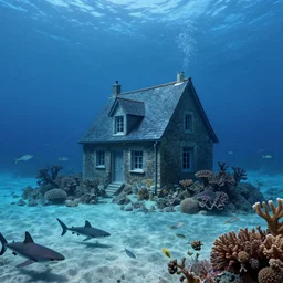 underwater scene, on the sandy ocean floor, a typical european house with a slate roof, coral reef, school of fishes, shark, scenic view, atmospheric blue tonality matte painting by marc simonetti and hubert robert, trending on artstation