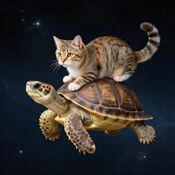 a cat on a turtle flying in space