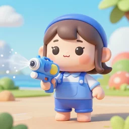 cute fumo plush of a girl with a water gun spraying the camera, vray, water war, black and white