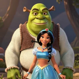 lofi portrait of shrek as jasmine the princess, pixar style, by tristan eaton stanley artgerm and tom bagshaw.