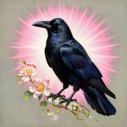 portrait of black raven bird, flowers, pink spike aura in motion, floating pieces, painted art by tsuyoshi nagano, greg rutkowski, artgerm, alphonse mucha, spike painting