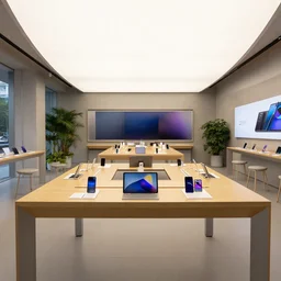 (mobiles and tablets on display on large tables in a wood and concrete flagship retail interior Samsung Microsoft Apple empty stools, verdant plants, colorful digital screens) muted colors, wide shot, XF IQ4, 14mm, f/1.4, ISO 200, 1/160s, 8K, RAW, unedited, symmetrical balance, architectural photography