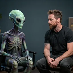 joe rogan interviewing a dmt entity alien on the joe rogan podcast, octane render