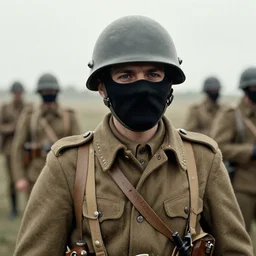 a soldier wearing a black mask in distance, ww1 film photo, grainy, high detail, high resolution