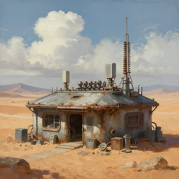 a beautiful painting of a dystopian sci - fi safehouse in a salty desert landscape with hills in the distance by greg rutkowski, marc simonetti, sergey vasnev, transmitters on roof, electrical appendages, rusty metal, cinematic composition, concept art, cumulus clouds, artstation, highly detailed