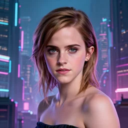 Emma Watson, head and shoulders portrait, the background is a huge futuristic city, cyberpunk style futuristic neon lights, artstation cgsociety masterpiece highly-detailed