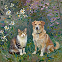 cat and dog are friends and sitting near, in the flowers and grass, style of claude monet