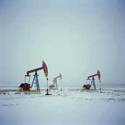 photo of mongolian steppe during a snowstorm. three oil derricks in midground. cold color temperature. blue hour morning light, snow storm. hazy atmosphere. humidity haze. kodak ektachrome, greenish expired film, award winning, low contrast.