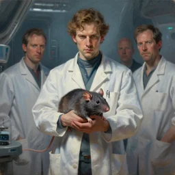 being of rat microbiologist, futuristic, tim hildebrandt, bruce pennington, donato giancola, trending on artstation, cinematic composition, beautiful lighting, hyper detailed, 8 k, oil on canvas
