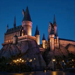 insanely detailed long shot of hogwarts castle at night with glowing windows