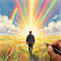 kanye west walking towards the horizon where the spirit of donda west greets him, by john kenn mortensen, by takashi murakami, by hayao miyazaki, illustration, colored pencil, fountain pen, digital art, comic book, color grading, vintage, field of view, warm color palette, rainbow, spectral color, rays of shimmering light, volumetric light, cotton, clouds, mist, ghibli - style