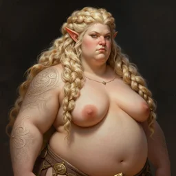 chubby female dwarven woman | long curly braided hair | light blond hair | big nose | beautiful plump build | intricate, highly detailed, digital painting, artstation, concept art, dungeons and dragons , art by greg rutkowski and giotto