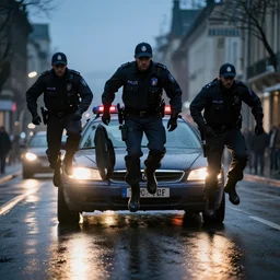 thugs dressed as french police jumping out of a driving car, street light reflection on wet road, thriller style, realistic picture, high - quality, sharp details