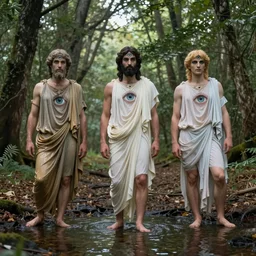 greek gods, in forest, three eyed, wide wide shot, feet in water, colors, eyes in forehead, ground very detailed, wet eyes reflecting into eyes reflecting into infinity, beautiful lighting