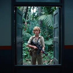 film still, extreme far view, elaine benes, jungle, vietnam door gunner, apocalypse now, associated press, 2 6 mm, kodak ektachrome, blue tint expired film
