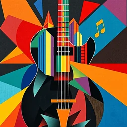 guitar, notes, rainbow geometric architectures blend with organic shapes, abstract expressionism, essence of street forms, geometric structures in style of sonia delaunay, high detail, symmetry, poster