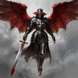 dnd art, female vampire warrior, no shoes, barefoot, exposed toes, black nail polish, black full plate armor, historical armor, realistic armor, muscular, full body portrait, monstrous mask, giant two - handed sword dripping blood, red wings, grinning, realistic, pathfinder, flying.