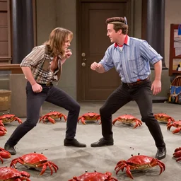 Charlie from the show Its Always Sunny in Philadelphia fighting an army of red crabs