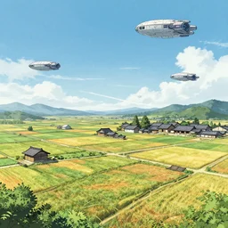 japanese traditional farm in the future with spaceships in the sky, by greg rutkowski