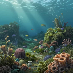 cambrian underwater landscape, algae, sea sponges, many cambrian animals swimming, artstation, concept illustration, 8 k, artstation, makoto shinkai, gediminas pranckevicius, soft, cinematic, octane render, realistic, very detailed