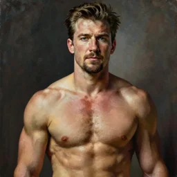 hyperdetailed portrait of chris evans rugged ripped body type upper body!! 3 2 k 1 6 k artstation hd cgsociety portrait behance hd wlop artgerm greg rutkowski alphonse mucha gaston bussiere medium shot intricate elegant heavily detailed oil painting