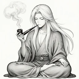 highly detailed figure of a person with long white hair coming depicted as smoke coming out from smoking pipe, meditation, comic art, intricate, elegant.