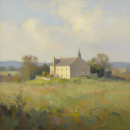 A serene landscape with a singular building in the style of painterlyAmaliadonjon87+.