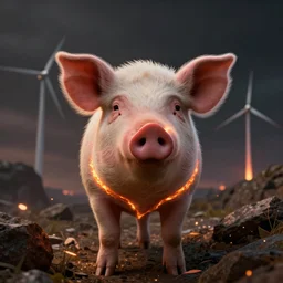 eolienne pig,in the style of Peter Lloyd and Vincent DiFate,trending on artstation, burning lighting first-person view,synthwave ,dark academia ,cgsociety,Fantastic Planet ,hyperrealism ,