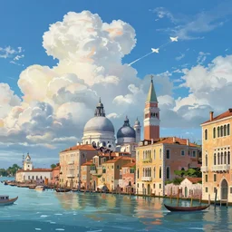 a beautiful colorful digital illustration of Venice, Italy, breathtaking clouds, by makoto shinkai, thomas kinkade, and james gilleard, wide angle, high detail, vivid colors, deviantart, anime wallpaper 4k