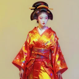a futuristic female geisha warrior by cy Twombly and BASTIEN LECOUFFE DEHARME, red and yellow, iridescent, volumetric lighting