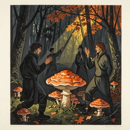 lost and happy souls performing a ritual, by gediminas pranckevicius, by james gilleard, by ambrosius benson, dark shadows, autumn, woodblock, split - complementary - colors, polished, tremella - mesenterica, mycena acicula, discovering enlightenment