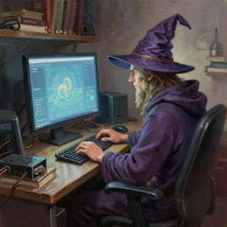 matte oil painting, wizard sitting at his computer, as a mtg character, typing on a keyboard, big screen, inside a cluttered lan party room, wrinkled wizard hat, books, crt, hardware, ethernet, wires, extremely detailed, digital illustration, concept art, readability, impasto, sharp focus
