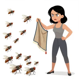 herd of mad flies, an angry woman holding a flysweater looking for the flies, caricature
