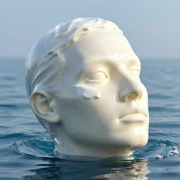 a modern sculpture of a squashed human head wrapped in cling film with ice cream spread on it, on ocean water, in the style of mike campau, cg render, ray tracing, 8 k resolution, sharp