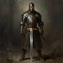 a medieval warrior with a sword etched with runes and orange glowing eyes, advanced lighting from above, full body, detailed digital painting masterpiece by frank frazetta craig mullins and daniel f gerhartz, gorgeous, 4 k