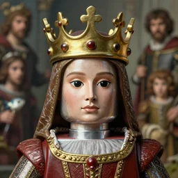 medieval portrait of the face of a tin toy person named lady jane grey wearing a crown, nicoletta ceccoli, mark ryden, lostfish, hyung tae, frank frazetta, depth of field, detailed and intricate environment, 8 k resolution, hyperrealistic, octane render