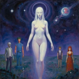 a beautiful painting of a feminine cosmic dmt entity of the upper planes by artgerm and alex grey and wes anderson and spike jonze, trending on artstation