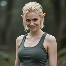 realistic photograph. cute but dangerous female halfling thief. crooked, cocky smirk. slicked gelled back short butch hairstyle. paleblonde hair, fair complexion, icy blue eyes. face like amber heard, angular, feminine, pretty, mischievous. young ectomorphic fit. fitted wifebeater tanktop. photographic realism.