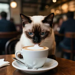 ultra high quality photograph of a cute korat kitten drinking a cappuccino, in crowded cafe, bokeh background, lighting dim, kodak etkar 1 0 0